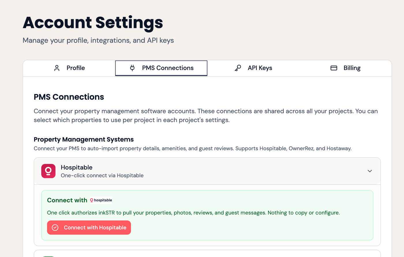 Account Settings → PMS Connections, with Hospitable expanded and a Connect with Hospitable button