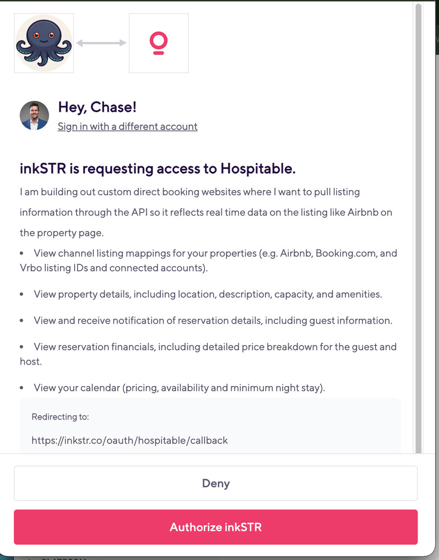 Hospitable's own authorization screen, asking to approve inkSTR's access request