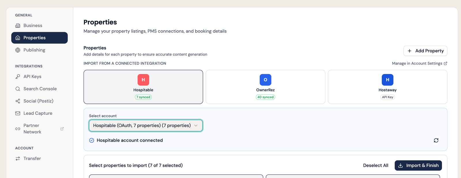 Project Settings → Properties, showing Hospitable connected with 7 properties selected and an Import & Finish button