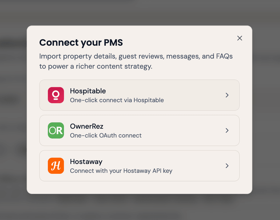 Strategy Wizard Additional Details section, with a Connect PMS button to pull in property data, reviews, and FAQs